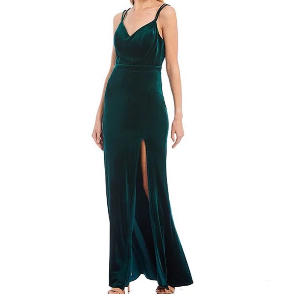 Spaghetti Strap Lace-Back High Front Slit Velvet Long Dress in Emerald